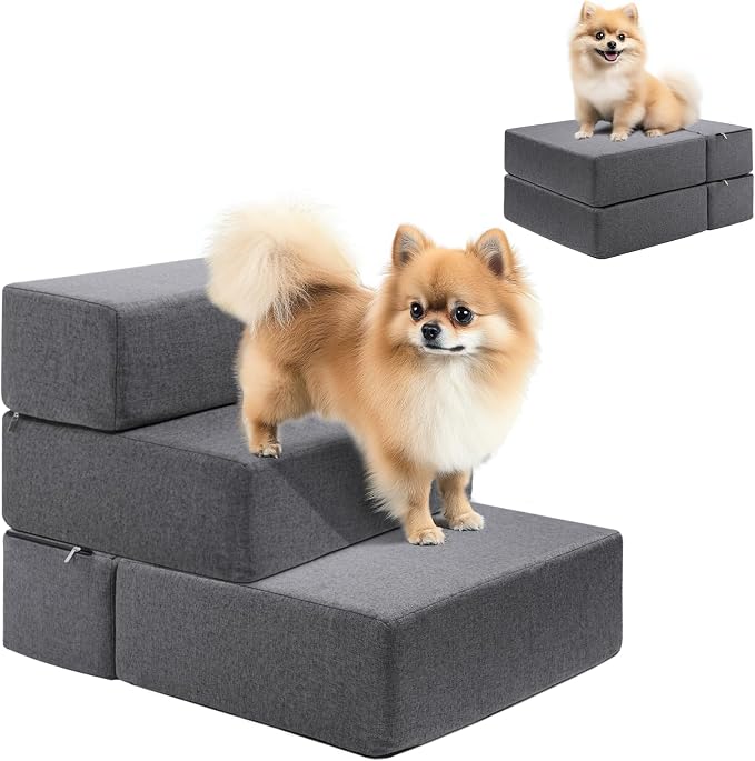 Dog Stairs for Small Dogs 18" H, Modular 3-Step Dog Steps for Bed and Couch, Non-Slip Indoor Pet Stairs for Cats, Pet Step with Washable Cover Grey