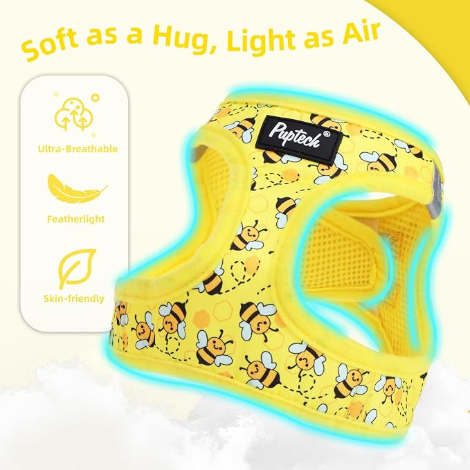 PUPTECK Dog Harness and Leash Set for Small Medium Dogs No Pull Step-in Soft Mesh Puppy Cat Vest Harnesses Reflective at Night, Yellow Bee, S