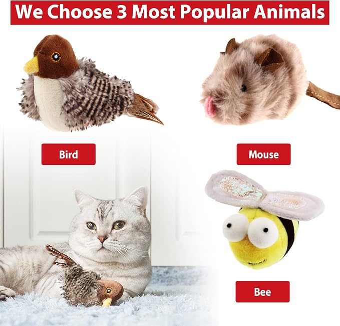 Gigwi 3 Pack Automatic Cat Toys, Interactive Squeaky Toys for Cats Inddoor | Stimulate Cat Hunting Instinct, Relieve Boredom, Squeaky Bird Bee and Mouse, Soft Plush, Perfect for Puppy Indoor Play