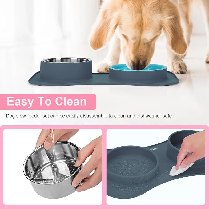 Anipaw Slow Feeder Dog Bowls 3 in 1 Stainless Steel Dog Food and Water Bowls with Non-Spill and Non-Skid Silicone Mat to Slow Down Eating for Large Medium Small Breed Size Dogs and Cats
