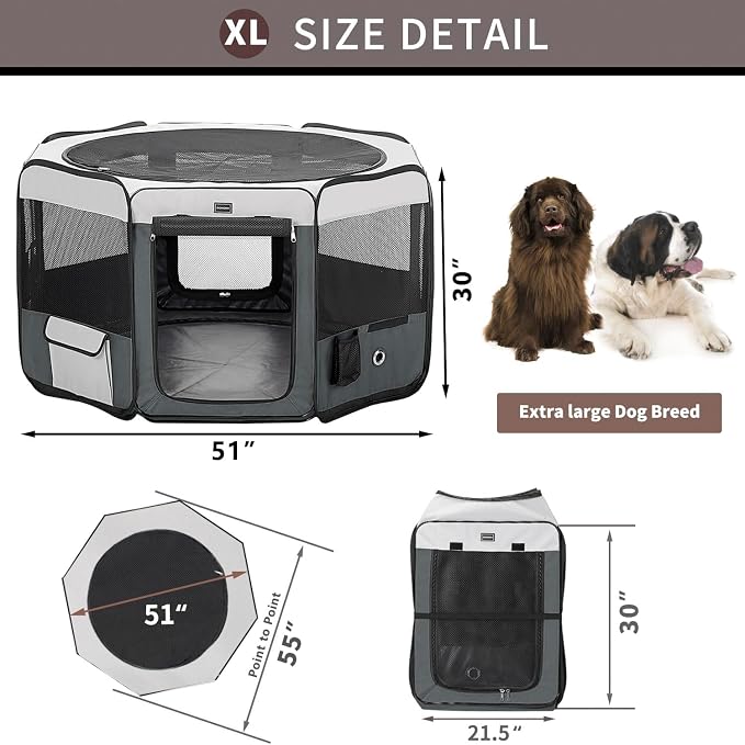 DONORO Dog Playpen Portable Pet Play Pens for Small Dog/Cat/Rabbit/Chicks, Cat Playpen Indoor/Outdoor with Carring Case, Removable Zipper Top and Bottom (Gray, Extra Large (55"x55"x30"), 8)
