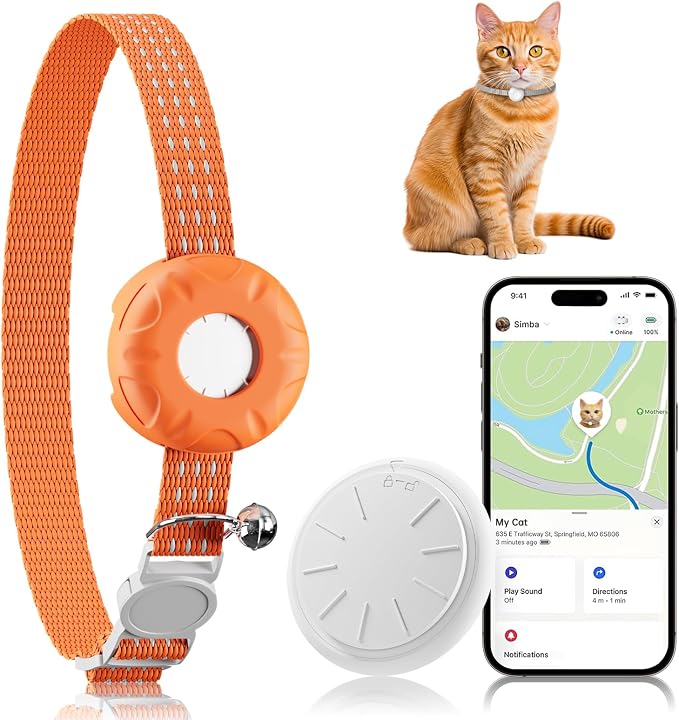 Cat Tracker, GPS Tracker Compatible with Apple Find My App(Only iOS), Waterproof Tracker Cat Collar with Safety Elastic Buckle, No Monthly Fee Pet Tracker for Cats, Works with Any Collar (Orange)