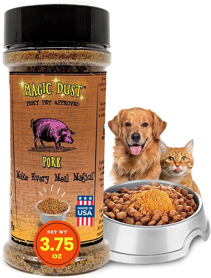 Magic Dust Pork Jerky Topper, Single Protein Pet Food Topper for Dogs & Cats, Enhance Flavor & Elevate Mealtime Excitement for Picky Eaters - 3.5 Ounce Bottle in Pork Flavor
