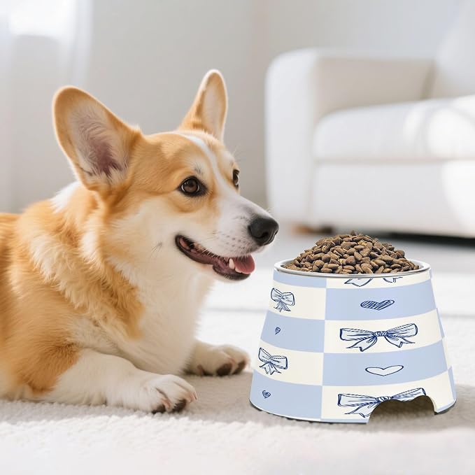 Blueangle Elevated Dog Bowls with Stainless Steel - Non-Slip 2.3 Cup High Capacity Pet Dish for Spinal Health & Cute Bows Design（414）