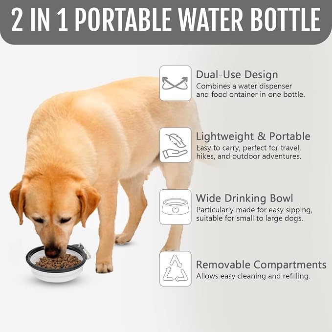 2-in-1 Dog Travel Water Bottle with Collapsible Bowl, White