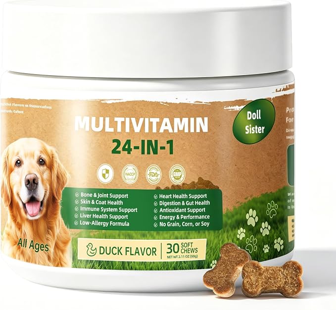 24-in-1 Dog Multivitamin Chews - Bone Shape, Duck Flavor - with Biotin, Taurine & Prebiotic FOS for Skin, Coat, Heart, Gut & Joint Support - for Puppies, Adults & Senior Dogs (30 Soft Chews)
