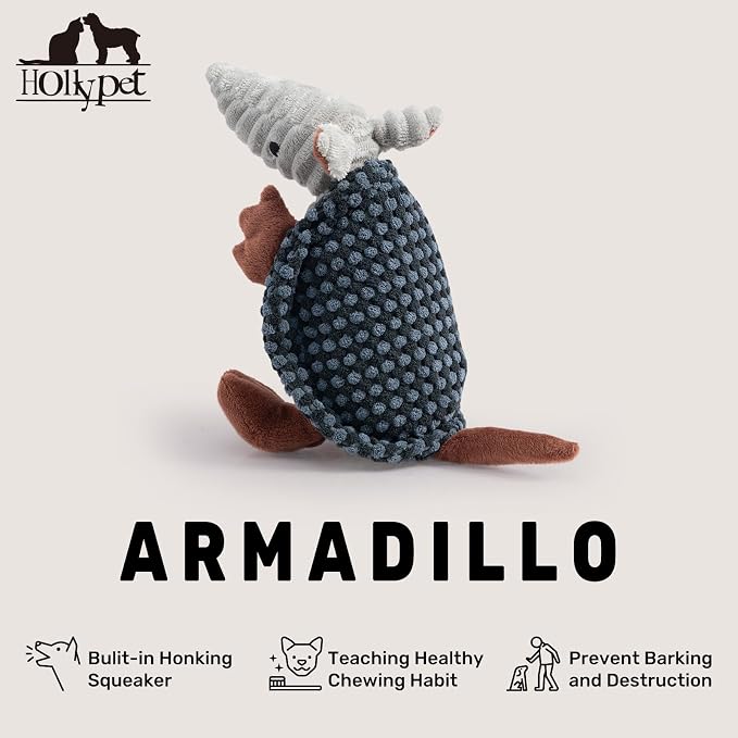 Hollypet Armadillo Squeaky Puppy Dog Toys for Small Medium Dogs, 8" | plush stuffed small dog squeak animal toy with unique grunt squeaker textured fabric for teeth cleaning toys