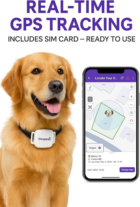 GPS Tracker for Dogs Dogguz – Real Time Pet Location Tracker with App, Waterproof, Long Battery, 1 Year Subscription Included – Sim Card Included - White