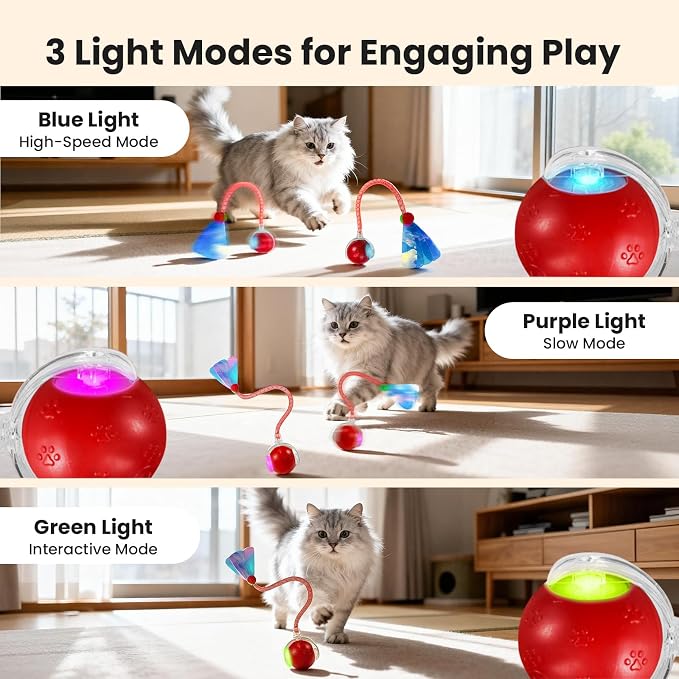 Rocfish Durable Interactive Cat Toys for Indoor Cats (red, 03) | Smart Automatic Cat Chase Ball Toy, Upgraded Speedy Tail Kitten Toy for Bored Indoor Adult Pets