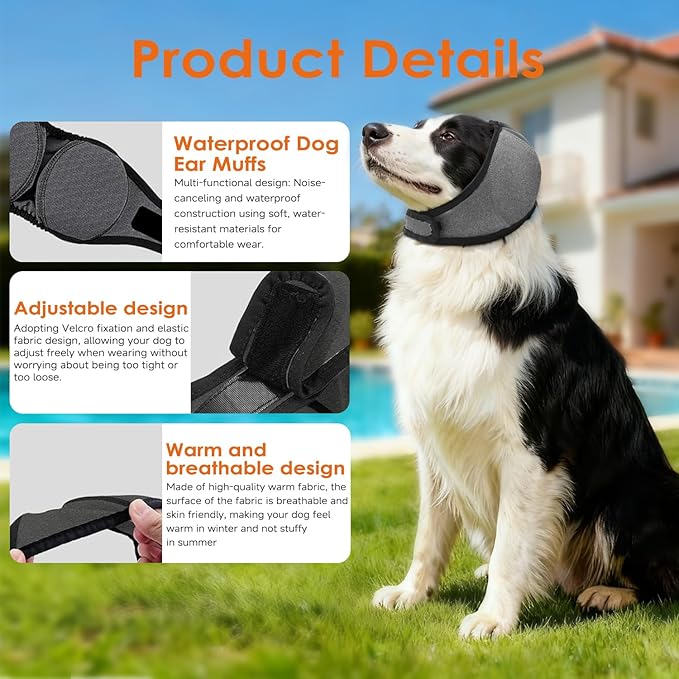 Upgraded Dog Ear Muffs for Noise Protection & Bath, NoShake EarWrap for Hematoma Prevention, Drying & Anxiety Relief, Elastic Waterproof Dog Ear Protector with Soundproof Sponge (Grey, Small)