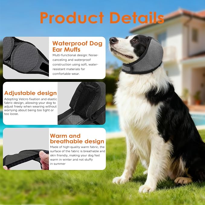 Upgraded Dog Ear Muffs for Noise Protection & Bath, No Shake EarWrap for Hematoma Prevention, Drying & Anxiety Relief, Elastic Waterproof Dog Ear Protector with Soundproof Sponge (Grey, Large)