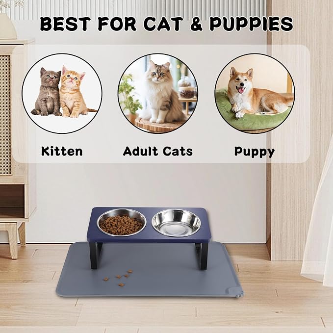 Upgraded Elevated Cat Bowls with Food Mat,15°Tilted Stand Anti Vomiting Raised Cat Dishes for Food and Water,2 Stainless Steel Bowls for Cats and Puppies（Navy Blue）