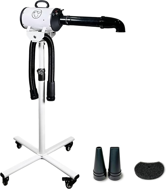 Flying Pig High Velocity Dog Pet Stand Grooming Dryer w/Variable Air Speed & Heat (White w/Black Logo)