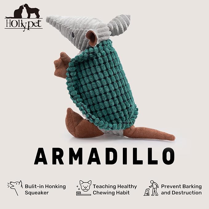 Hollypet Armadillo Squeaky Dog Toys for Medium Large Dogs, 10" | plush stuffed large dog squeak animal toy with unique grunt squeaker textured fabric for teeth cleaning toys