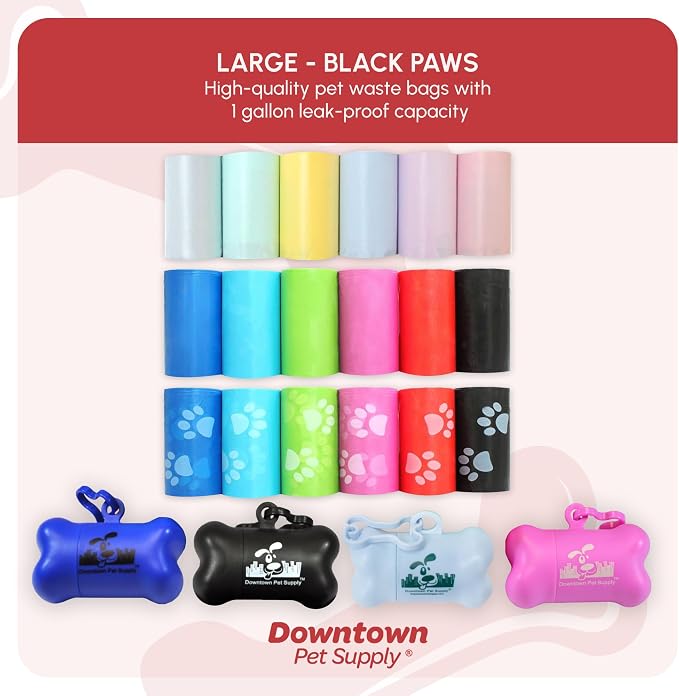 Downtown Pet Supply Poop Bags for Dogs with Dispenser, 180 Count - Leak-Proof Dog Waste Bags and Bone-Shaped Dog Poop Bags Holder for Leash - Black with Paw Prints, 12.5" x 8.5"