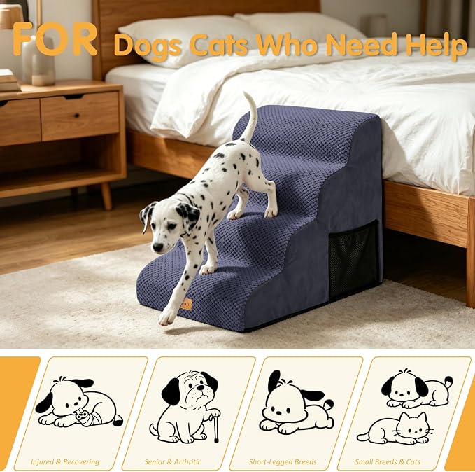 Topmart High Density Foam Dog Steps 4 Tiers,Extra Wide Deep Pet Steps,Non-Slip Dog Stairs Ramp for Bed,Soft Foam Cat Ladder,Best for Older Injured,Older Pets,Cats with Joint Pain