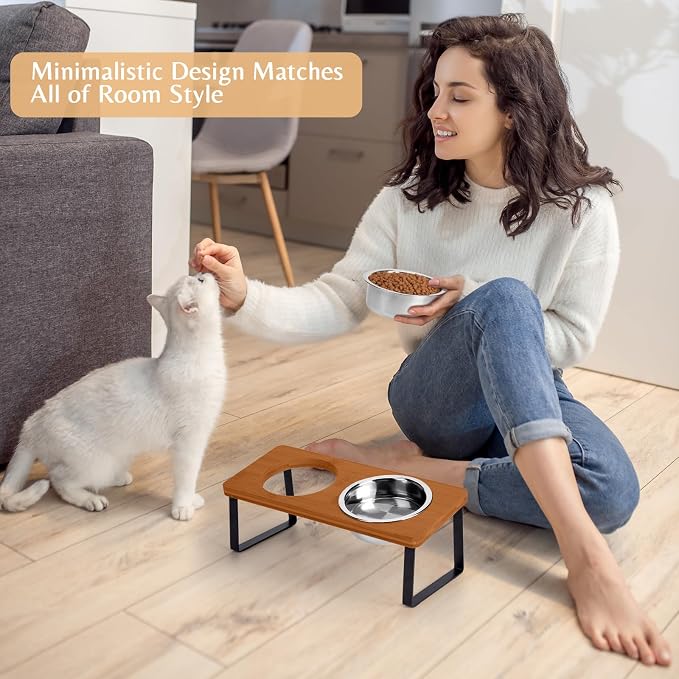 Elevated Cat Bowls for Food and Water - Loplurea 15° Tilted Raised Stainless Steel Cat Food Bowl with Brown Bamboo Stand and Anti Vomit Feeding Station for Indoor Kittens and Pet