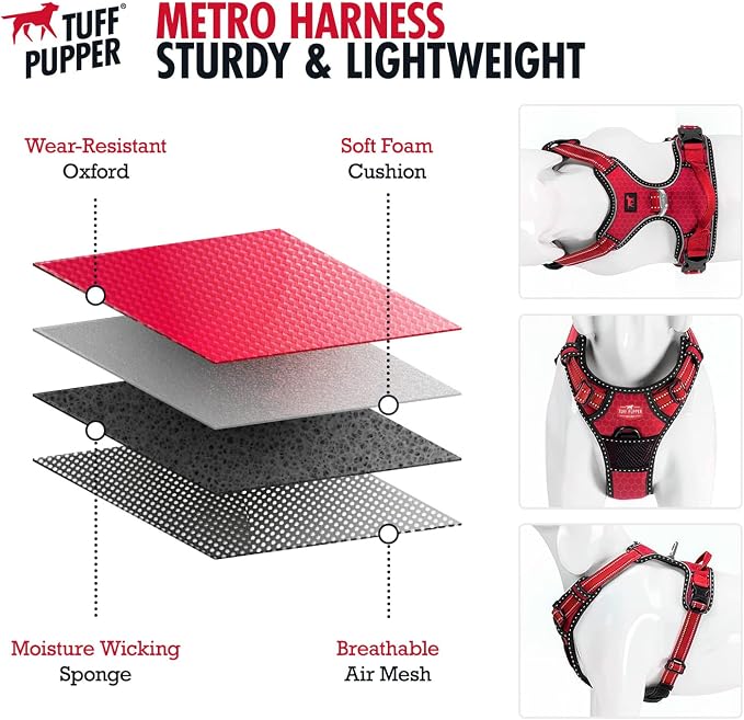 Tuff Pupper No Pull Easy Walk Dog Harness | Heavy Duty Pet Vest | Front & Back Leash Clips | Strong Safety Handle | Reflective Anti Pull Vest | Comfortable Padded Escape Proof Harness (Small, Red)
