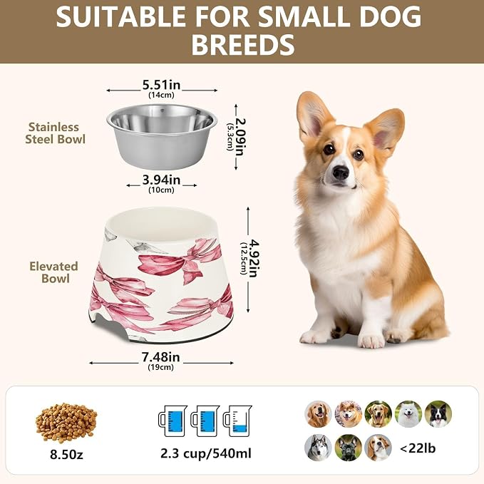 YETTASBIN Bow Black Pink Elevated Dog Bowls, Prevention of Vertebrae Disease Raised Dog & Cat Bowl Stand with Removable Stainless Steel Bowls, Non-Slip Spill-Proof Pet Food & Water Bowl Dish