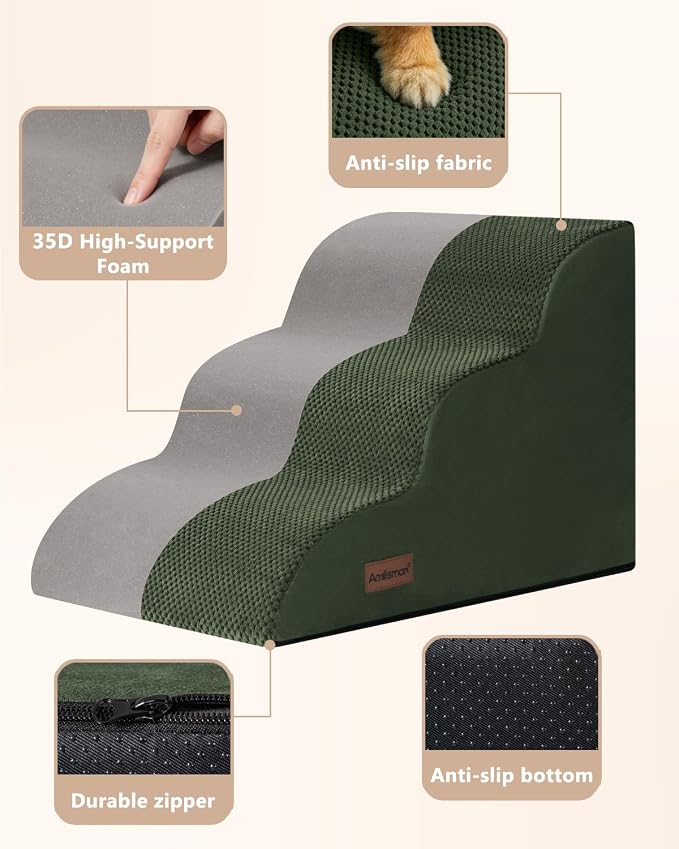 Aodisman Dog Stairs for Small Dogs,3 Step Dog Ramp for Couch and Chair,Pet Stairs with Non-Slip Bottom for Old Cats,Indoor Pet Steps,Comfort,Durable,15.4" H,Green