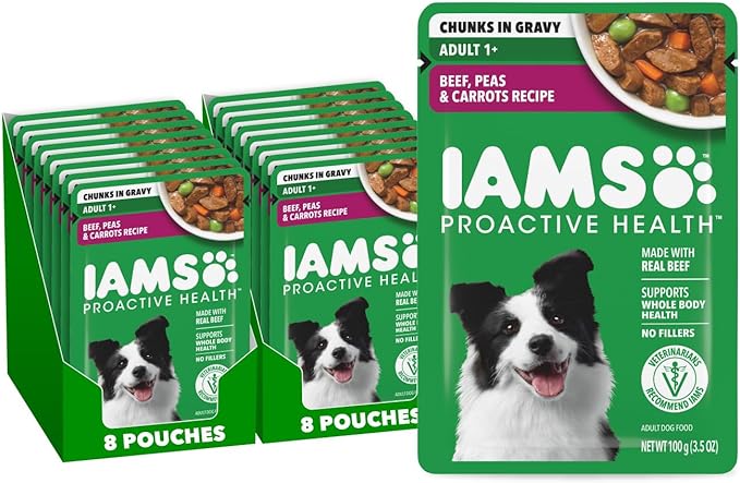 IAMS Proactive Health Adult Wet Dog Food, Beef, Peas and Carrots Recipe, 3.5 oz. Pouch (16 Count, Pack of 1)