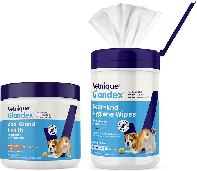 Vetnique Glandex for Dogs 60ct Peanut Butter Anal Gland Support Chews and Glandex Pet Wipes 75ct Bundle