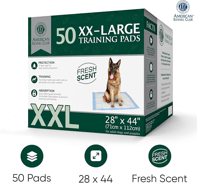 American Kennel Club Puppy Training Pads for Dogs, 30 Count, 44" X 28" XXL Fresh Scented, Absorbent Leak-Proof Dog Pee Pads in Box