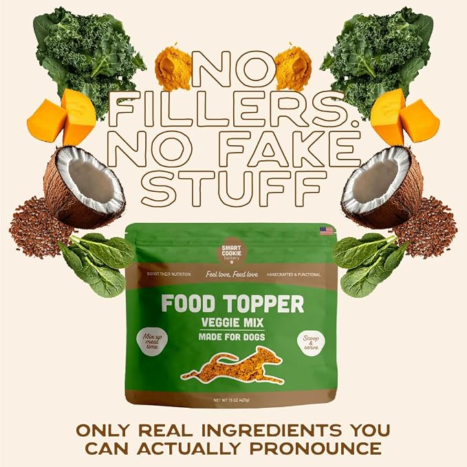 Smart Cookie Natural Dog Food Topper - Veggie - Dog Meal Mixer for All Ages - Vegan Food Topper for Picky Eaters and Boosting Nutrition - Non GMO, Made in The USA - 15 oz Bag (30 Day Supply)
