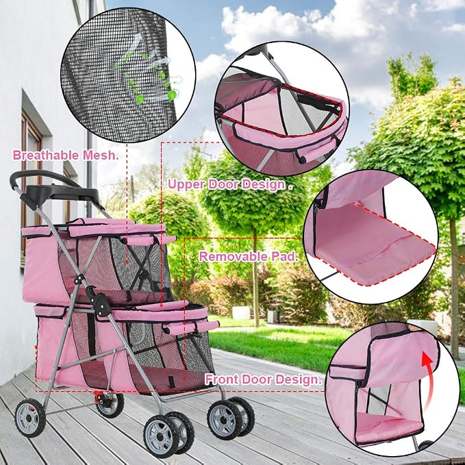 4-Wheel Folding Pet Stroller Carrier - Pink