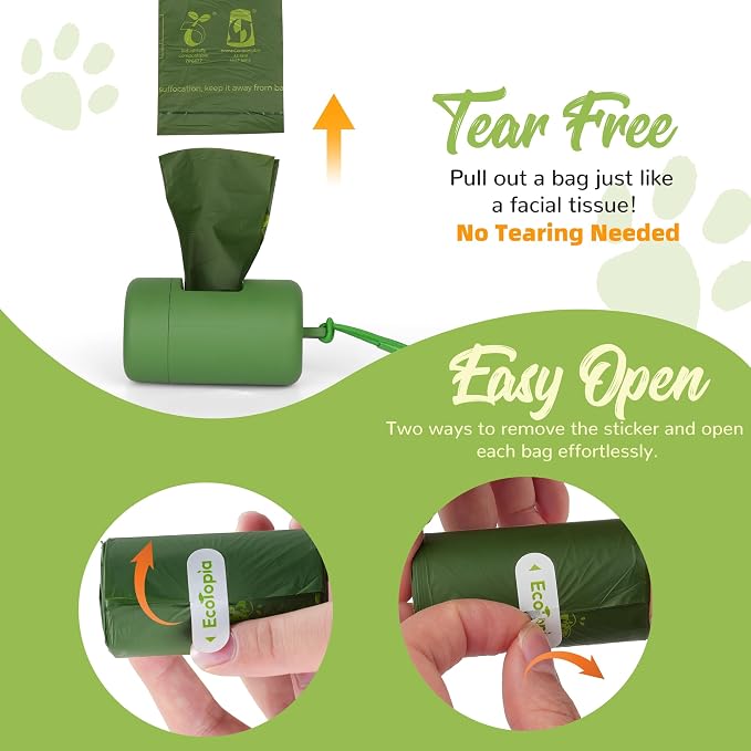 Compostable Dog Poop Bags, 240 Count/16 Rolls, Leak-Proof Unscented, Plant-Based Biodegradable, Tear-Free Easy Open Rolls, ASTM D6400 & EN13432 Certified, Dark Green
