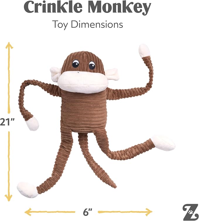 ZippyPaws Crinkle Monkey for Medium-Extra Large Dogs, Extra Large/Brown | Interactive Dog Toys to Keep Them Busy, Squeaky Plush Pet Toy for All Breeds, Contains 1 Squeaker