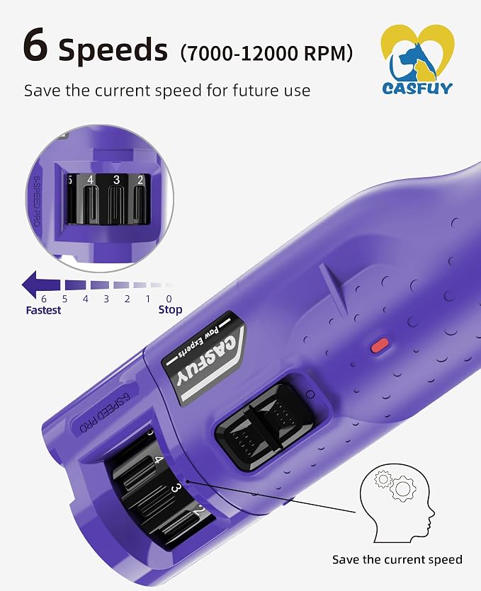 Casfuy 6-Speed Dog Nail Grinder with 2 LED Lights & Dust Cap
