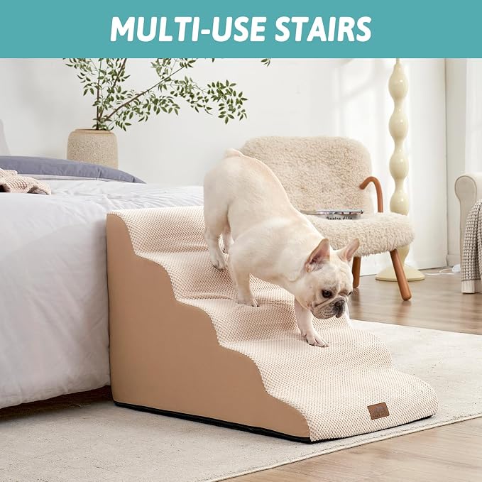 COZY KISS Wide Dog Stairs 19.7" Width, Pet Step for Small Medium/Large Dog, Puppy or Cat, Pet Ramp for High Bed or Car, High Density Foam Ladder, Stable, 5 Step, 19.7x33x22.4 in, Beige