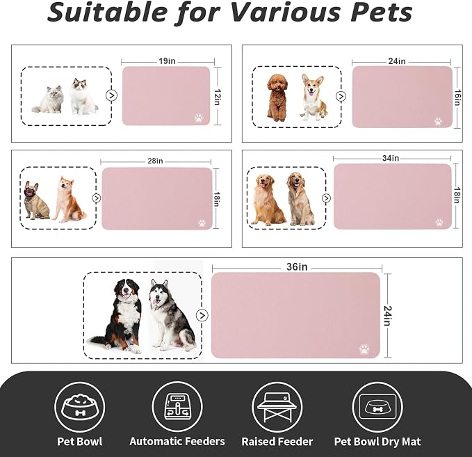 HotLive Dog Food Mat - Absorbent Cat Mat for Food and Water, No Stains Pet Feeding Bowl Mat, Easy to Clean Pet Placemats, Quick Dry Dog Water Dispenser Mat for Messy Drinkers | Paw Pink 12"x 19"