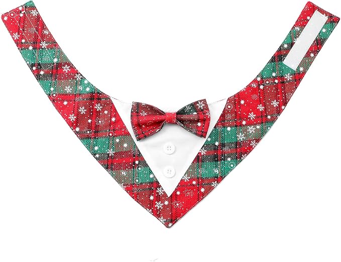 Adjustable Plaid Christmas Dog Tuxedo Bandana with Bow Tie, Medium, XS