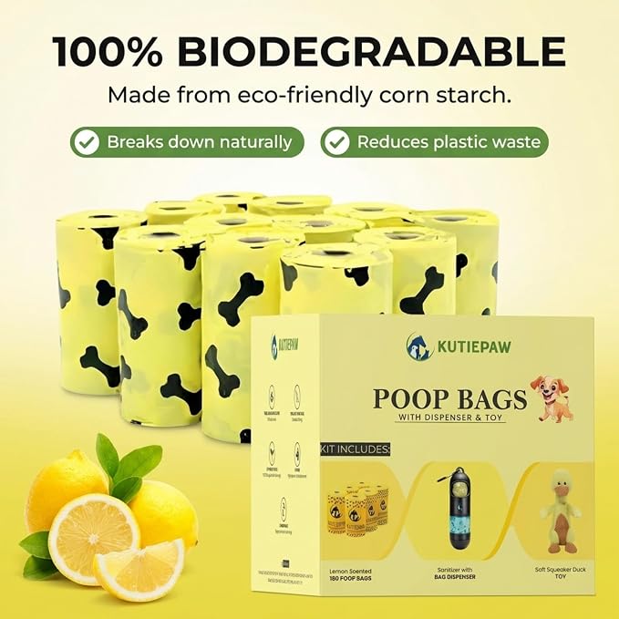 Dog Poop Bag Kit - 180 Biodegradable Lemon Scented Poop Bags for Dogs, Duck Plush Toy & Dispenser with Sanitizer - Leak Proof Extra Thick Compostable Dog Waste Bags for Eco-Friendly Walks