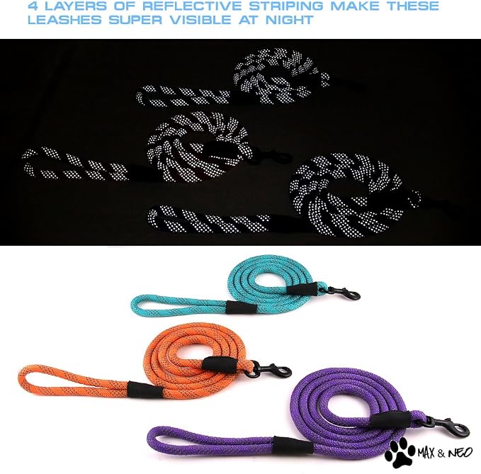 Max and Neo Rope Leash Reflective - 6 FT x 1/2" Purple, Donate a Leash to Dog Rescue