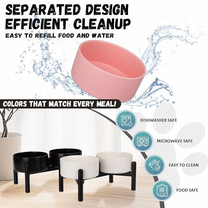 Raised Ceramic Dog Bowl Set - Elevated Double Dishes with Stainless Steel Stand - Food and Water Bowls for Small to Medium Dogs - Each Holds 3.5 Cups (29.57 fl oz) - Pink