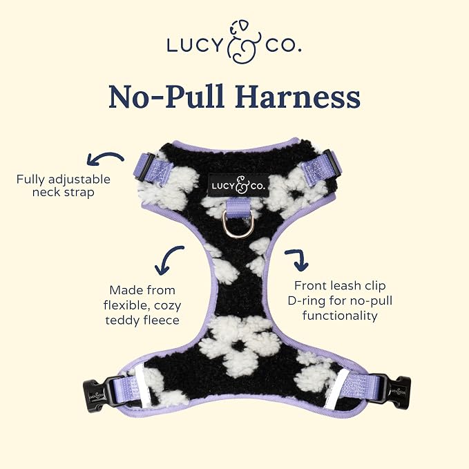 Lucy & Co. The Far Out No-Pull Dog Harness for Dogs – Comfortable Leash Training Product w/Adjustable Chest & Neck Straps - Black Purple Floral Teddy Fleece - X-Large
