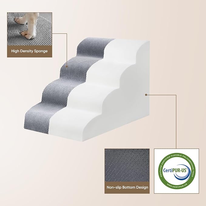 PAWSCRAT Pet Stairs for Dogs 5-Step, 22.8" H Pet Stairs for High Bed, Couch Sofa & Chair, 30D Material Soft Foam Dog Steps with Non-Slip Bottom Surface Removable Washable Cover, LightGrey