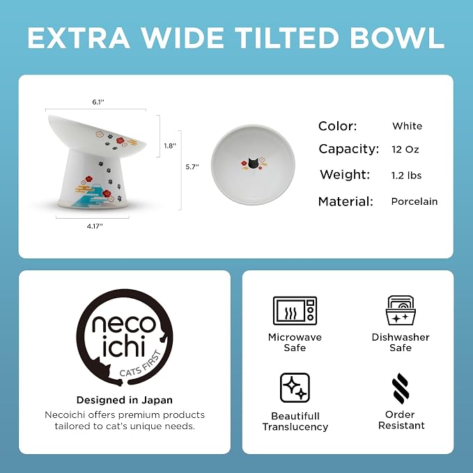 Necoichi Raised Cat Food Bowl – Ceramic Elevated 15° Tilted cat Bowl for Whisker & Neck Fatigue, Dishwasher & Microwave Safe, Non-Slip Anti-Vomiting Design (Fuji, Extra Wide Tilted, 1.5-Cups Capacity)