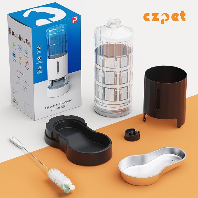 CZPET Dog Water Bowl Dispenser 9.5L, Wider Mouth & Upgraded Brush, Easy Cleaning Automatic Cat Gravity Refilling Waterer with Removable Stainless Steel Bowl, Large Drinking Area for Multi-Pet (Black)