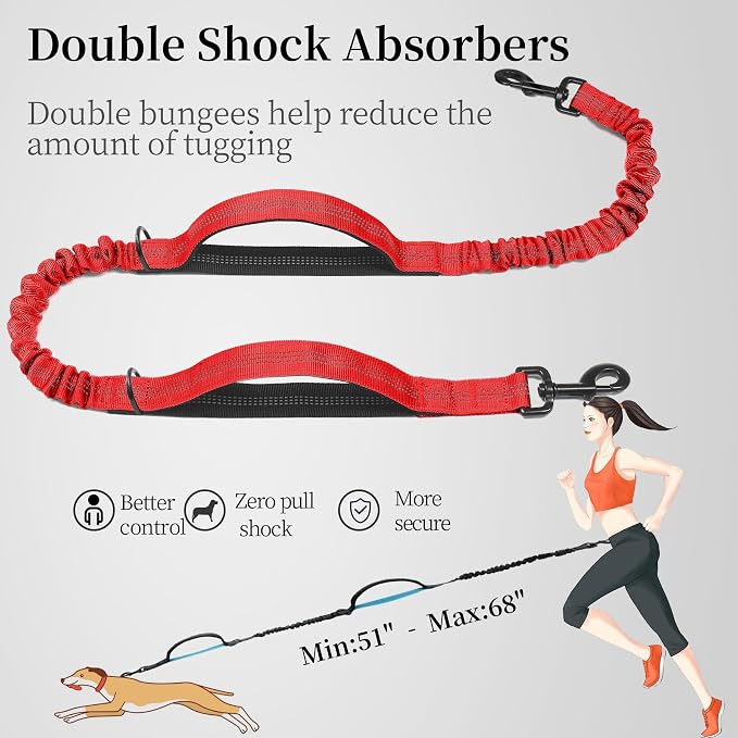 iYoShop Hands Free Dog Leash with Zipper Pouch, Medium, 8-25 lbs, Red | Waist Leash, Dual Padded Handles, Shock-Absorbing Bungee, Adjustable Waist Belt, Walking and Running