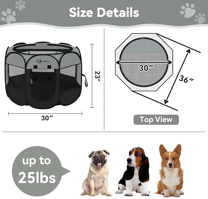 Siedihit Dog Cat Playpen, Puppy Pet Playpen Indoor for Dog Crate Tent Cage Outdoor, Portable Pop Up Dogs Enclosure Kennel with Carrying Case for Dogs/Cats/Rabbits (Dark Grey, Medium)