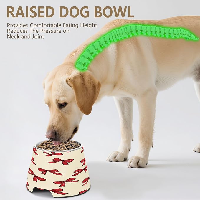 Blueangle Elevated Dog Bowls with Stainless Steel - Non-Slip 2.3 Cup High Capacity Pet Dish for Spinal Health & Red Bows Design（307）