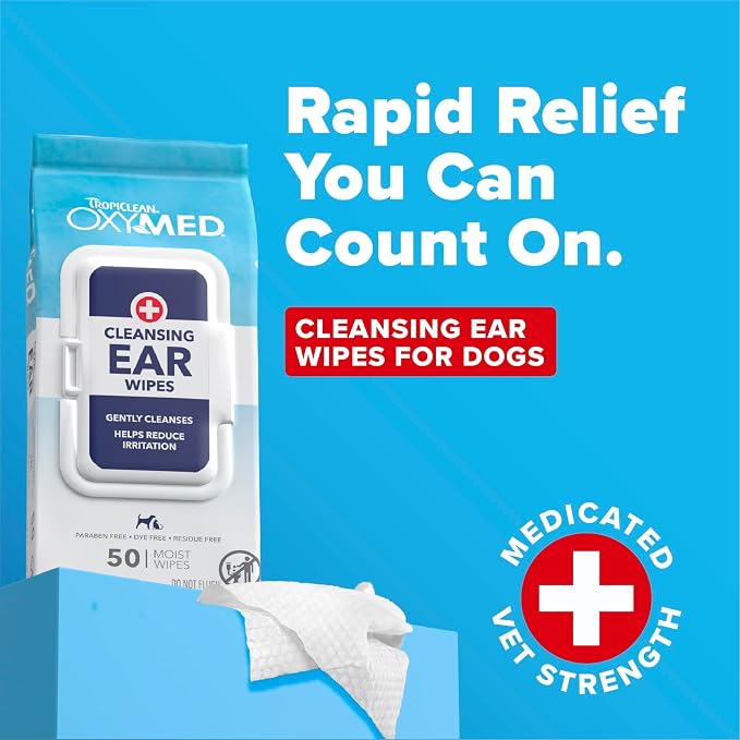TropiClean Oxymed Soothing Ear Wipes for Dogs & Cats, 50 Count