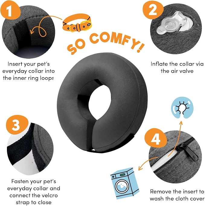 BENCMATE Inflatable Dog Cone Collar Alternative After Surgery Small | Soft Dog Cone for Small Medium Large Dogs and Cats, Doggie Neck Donut Recovery ECollar to Stop Licking,Dark Grey