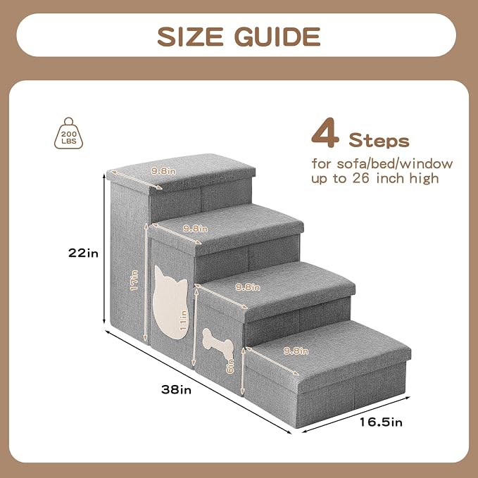 4-Step Wider Dog Steps for Bed 22" H, Foldable Dog Stairs with Storage, Non-Slip Pet Steps for Small Medium Large Dogs, Arthritis-Friendly Pet Stairs for Couch and Car Up to 200 lbs, Grey