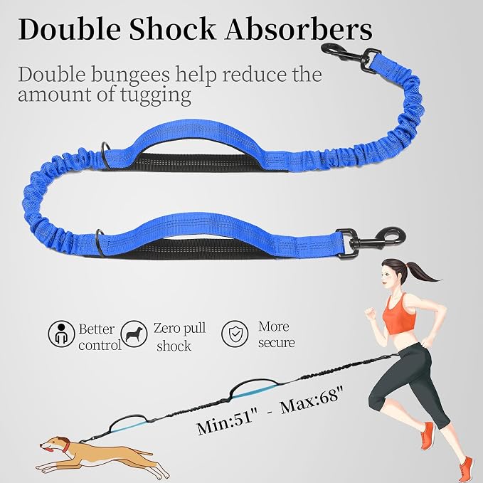 iYoShop Hands Free Dog Leash with Zipper Pouch, Large, 25-120LB, Royal Blue | Waist Leash, Dual Padded Handles, Shock-Absorbing Bungee, Adjustable Waist Belt, Walking and Running