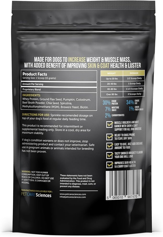 Dog Weight Gainer with Skin & Coat Support - Weight Gain Supplements for Dogs - Canine and Dog Muscle Builder - Protein Powder - High Calorie Food Supplement - 90 Servings